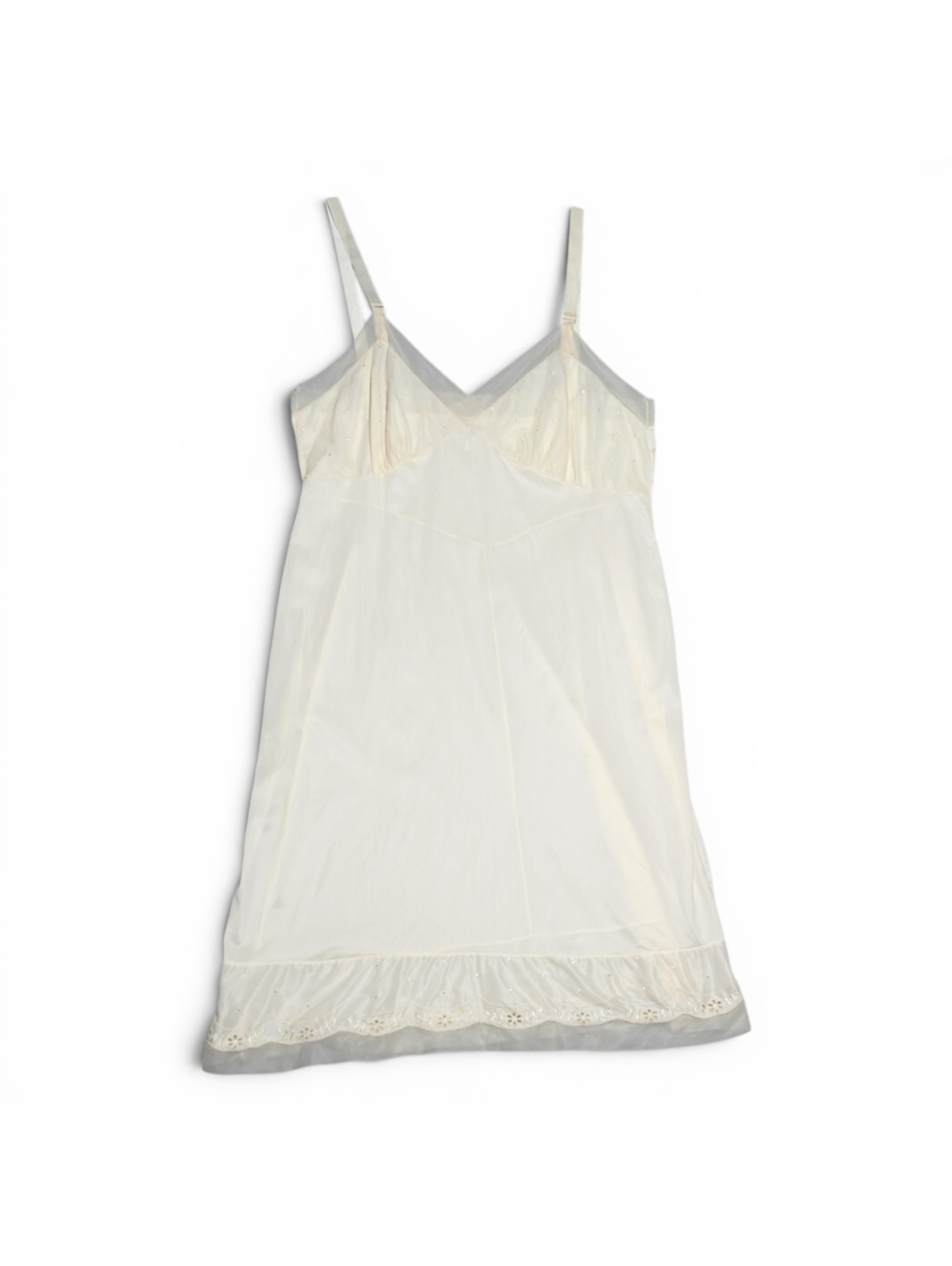 Vintage Ivory Nylon Slip Dress with Embroidered Hem and Contrast Trim
